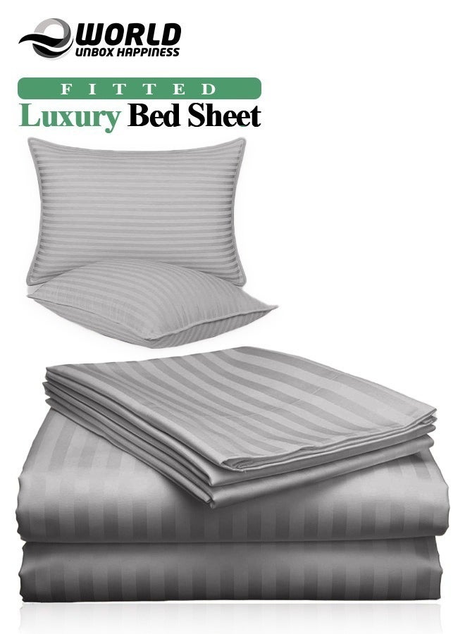 3 Piece Luxury Grey Striped Bed Sheet Set with 1 Deep Pocket Fitted Sheet and 2 Pillowcases for Hotel and Home Crafted from Ultra Soft and Breathable Cotton for Year-Round Comfort, (Single/Double)