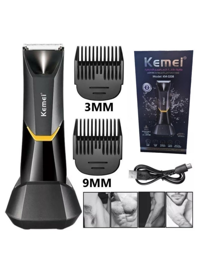 KEMEI Professional Body Hair Trimmer for Men & Women, KM-3208 with LED Light, USB Fast Charging & Ceramic Blade Heads, Waterproof Wet/Dry, Suitable For Body Private Part Shaving,And Pubic Hair.