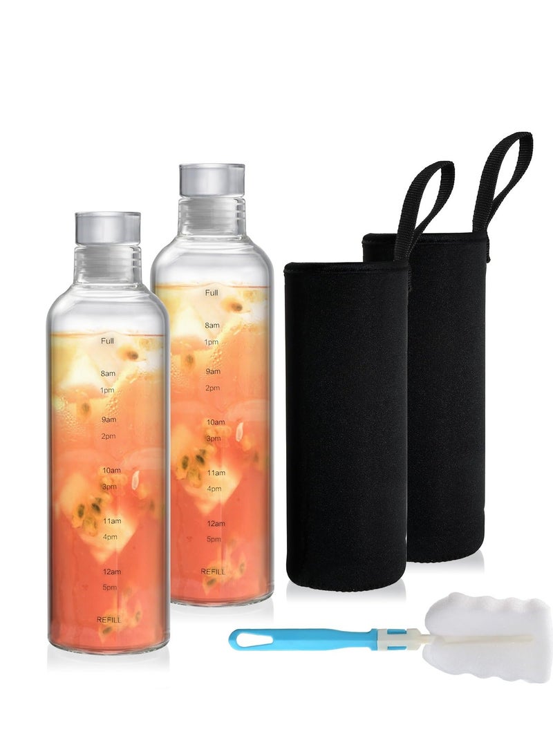 2 Pack Glass Water Bottles with Time Marker, Glass Water Bottles with Sleeves, 18 oz Glass Bottles with Lids, Reusable Drinking Bottles for Hot and Cold Drinks