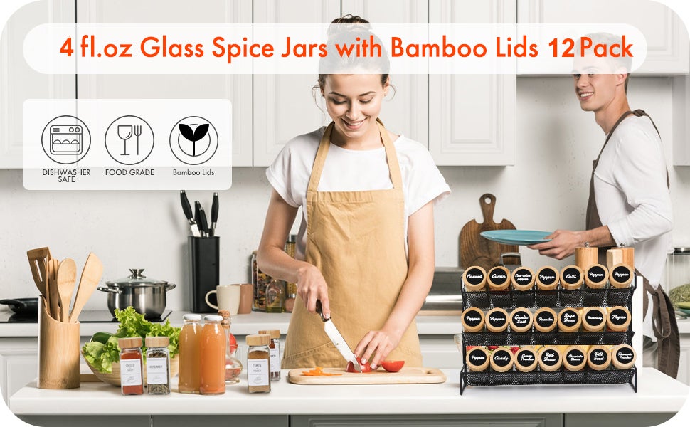 12 Pack Glass Jars with Bamboo Lids, 120ml Airtight Spice Jars Set with Extra Labels and Pen, for Dry Food Canisters, Spice, Coffee, Beans, Candy, Nuts, Herbs  12 Pack Glass Jars with Bamboo Lids, 120