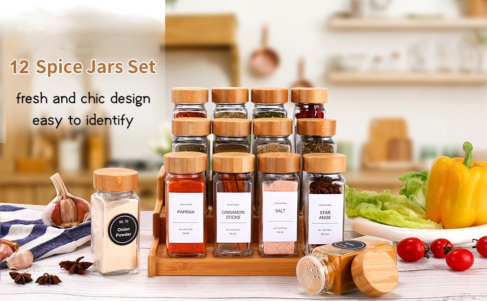 12 Pack Glass Jars with Bamboo Lids, 120ml Airtight Spice Jars Set with Extra Labels and Pen, for Dry Food Canisters, Spice, Coffee, Beans, Candy, Nuts, Herbs  12 Pack Glass Jars with Bamboo Lids, 120