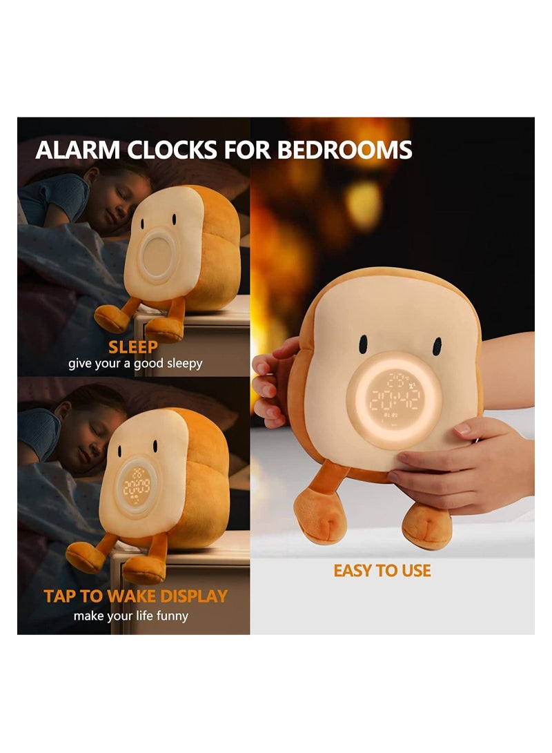 Cute Alarm Clock, Bedroom Clock with Dual Alarm and Snooze, 9In Cozy Toast Bread Plushies, Rechargeable, Dimmable Bedside Night Light, Nightstand Decor Gifts Ideal for Kids Girls Boys Women