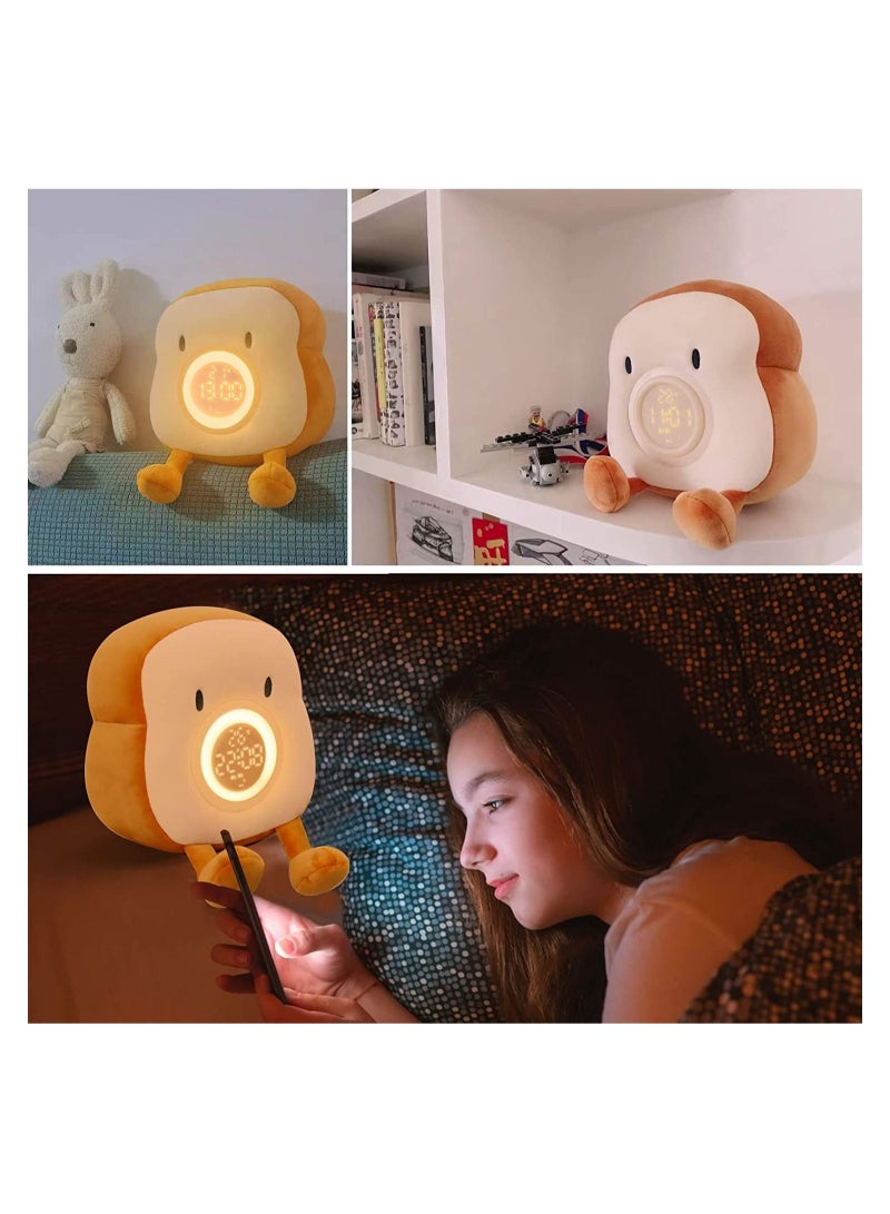 Cute Alarm Clock, Bedroom Clock with Dual Alarm and Snooze, 9In Cozy Toast Bread Plushies, Rechargeable, Dimmable Bedside Night Light, Nightstand Decor Gifts Ideal for Kids Girls Boys Women