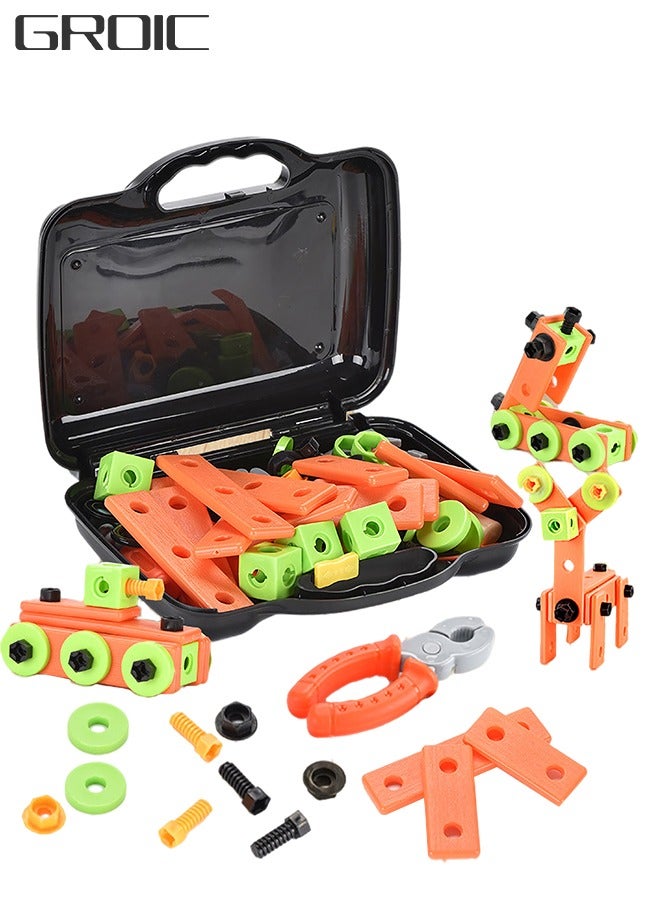 72 Pieces Kids Assembling Tools Set Box Construction Accessories Pretend Toys Building Blocks Educational Toys with Carry Case