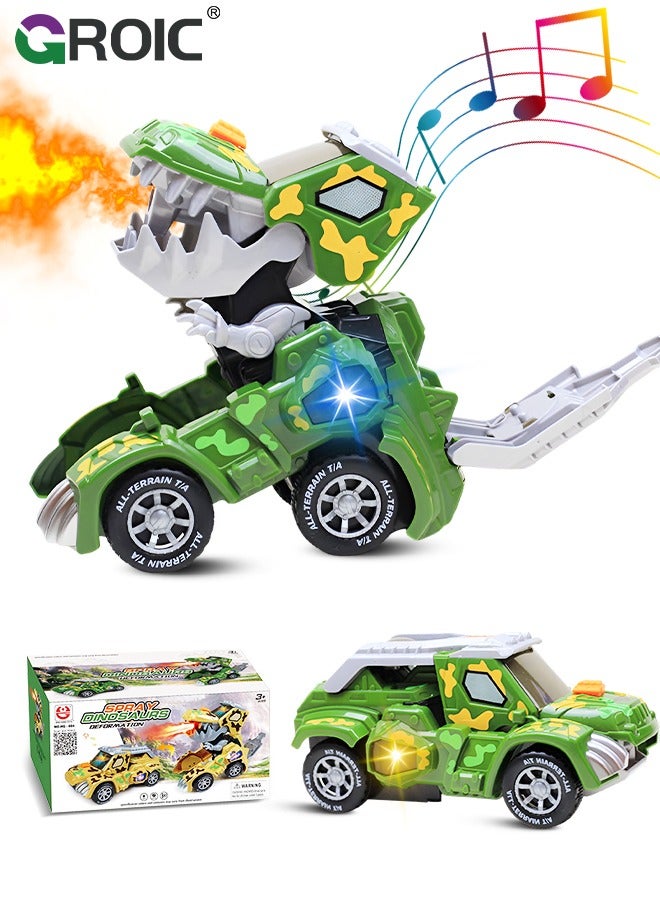 Transforming Dinosaur Car with LED Light Music and Spray Effect, Automatic Transform Dino Spray Car 360-Degree Rotating Universal Induction Spray Light Music Dinosaur Car Toy for Kids