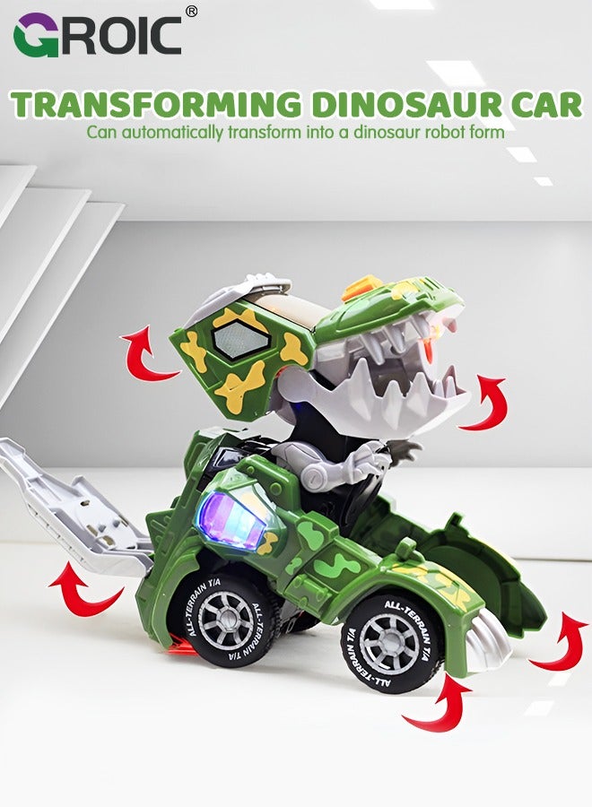 Transforming Dinosaur Car with LED Light Music and Spray Effect, Automatic Transform Dino Spray Car 360-Degree Rotating Universal Induction Spray Light Music Dinosaur Car Toy for Kids