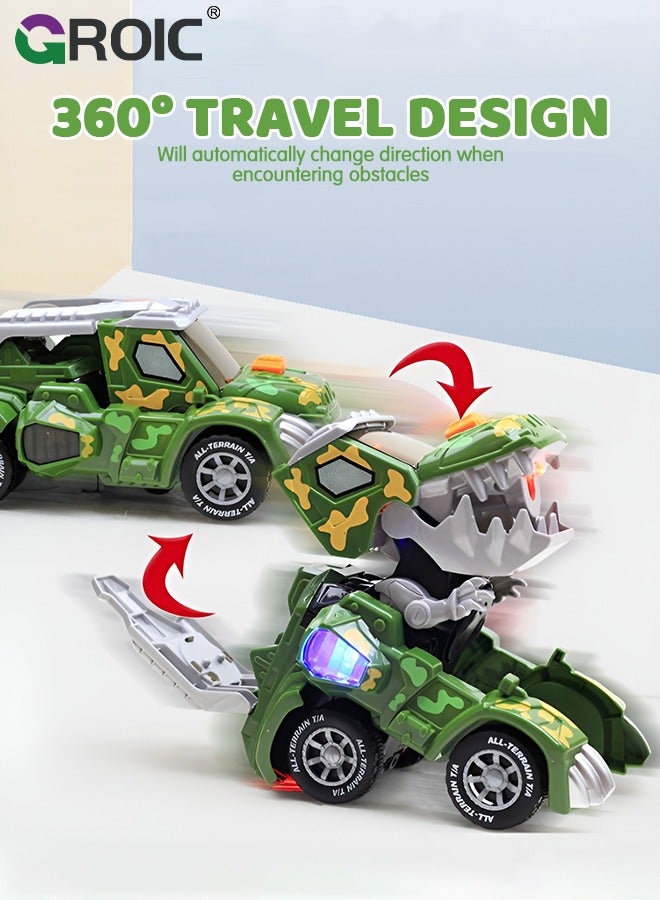 Transforming Dinosaur Car with LED Light Music and Spray Effect, Automatic Transform Dino Spray Car 360-Degree Rotating Universal Induction Spray Light Music Dinosaur Car Toy for Kids