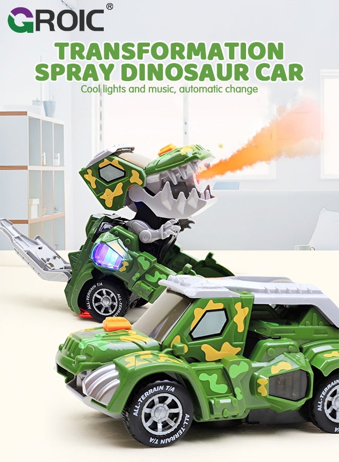 Transforming Dinosaur Car with LED Light Music and Spray Effect, Automatic Transform Dino Spray Car 360-Degree Rotating Universal Induction Spray Light Music Dinosaur Car Toy for Kids