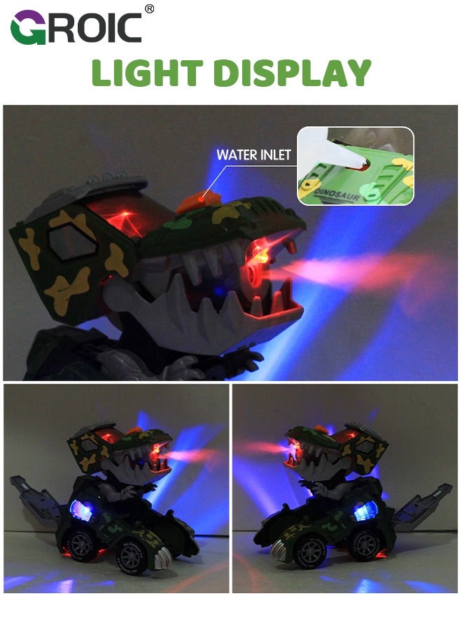 Transforming Dinosaur Car with LED Light Music and Spray Effect, Automatic Transform Dino Spray Car 360-Degree Rotating Universal Induction Spray Light Music Dinosaur Car Toy for Kids