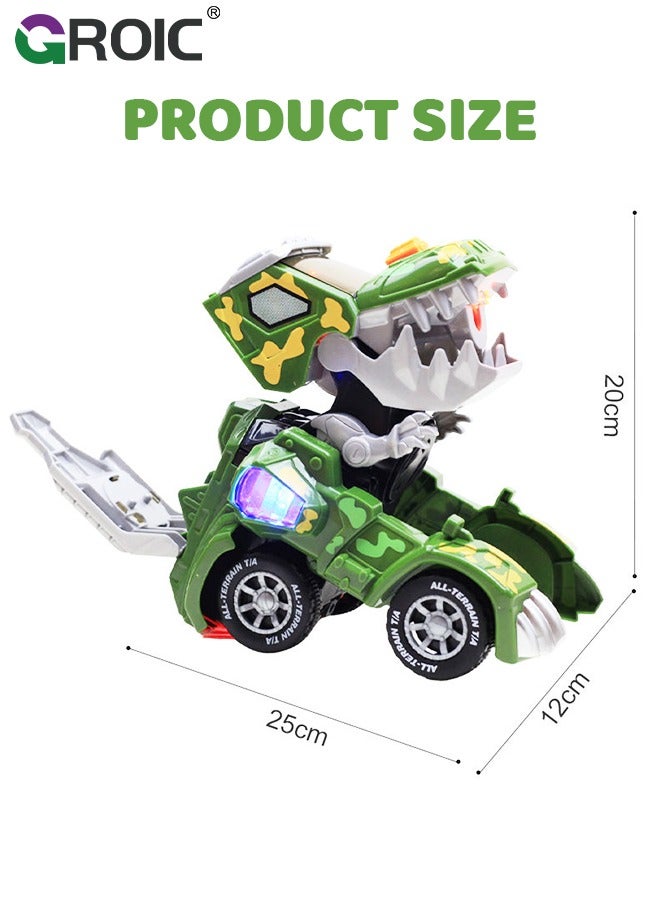 Transforming Dinosaur Car with LED Light Music and Spray Effect, Automatic Transform Dino Spray Car 360-Degree Rotating Universal Induction Spray Light Music Dinosaur Car Toy for Kids