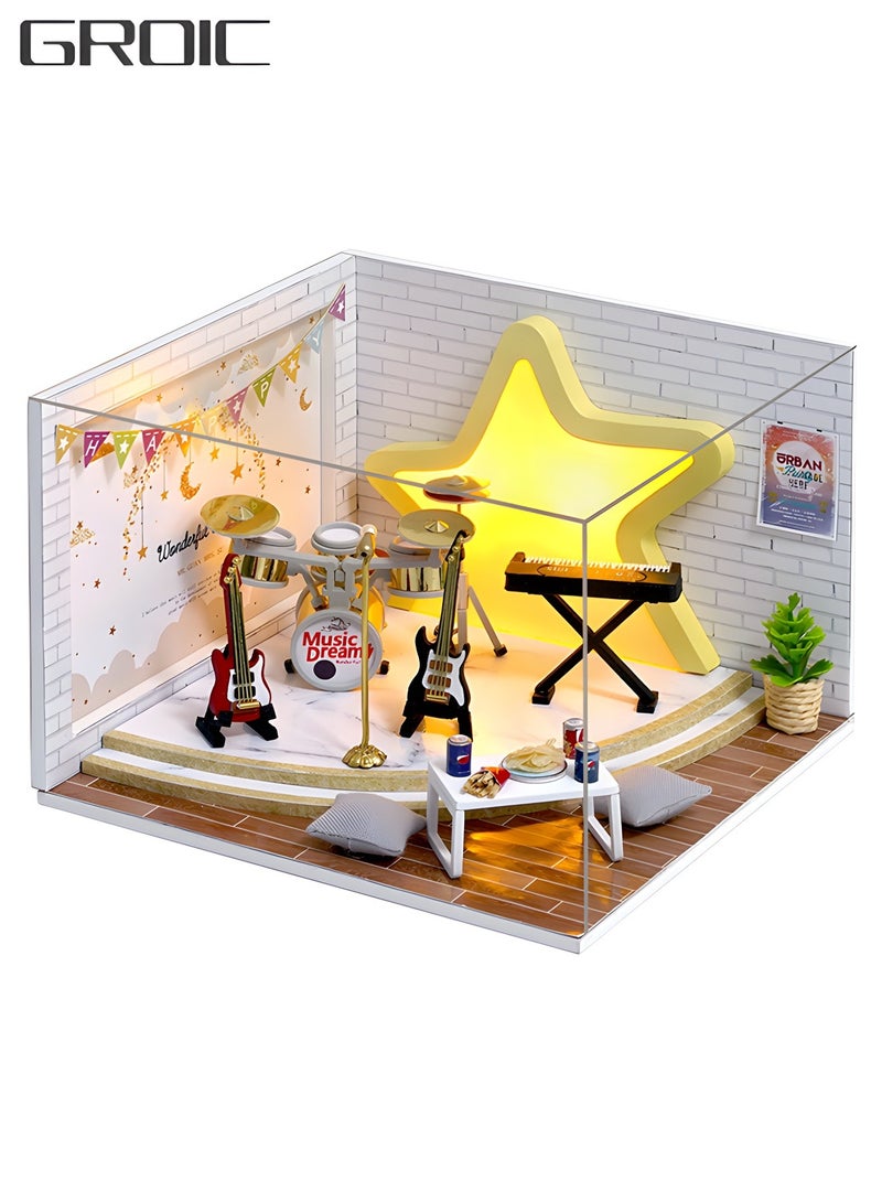 DIY Miniature Dollhouse kit, Wooden Mini Musical Instrument Room Includes Dustcover Buildable Dollhouse for Teens and Adults, DIY Assembled Toys, Home Decoration