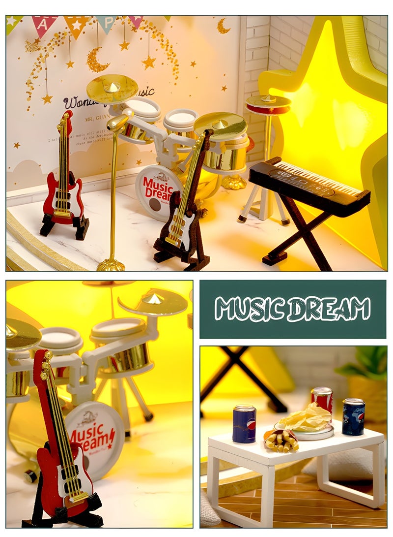 DIY Miniature Dollhouse kit, Wooden Mini Musical Instrument Room Includes Dustcover Buildable Dollhouse for Teens and Adults, DIY Assembled Toys, Home Decoration