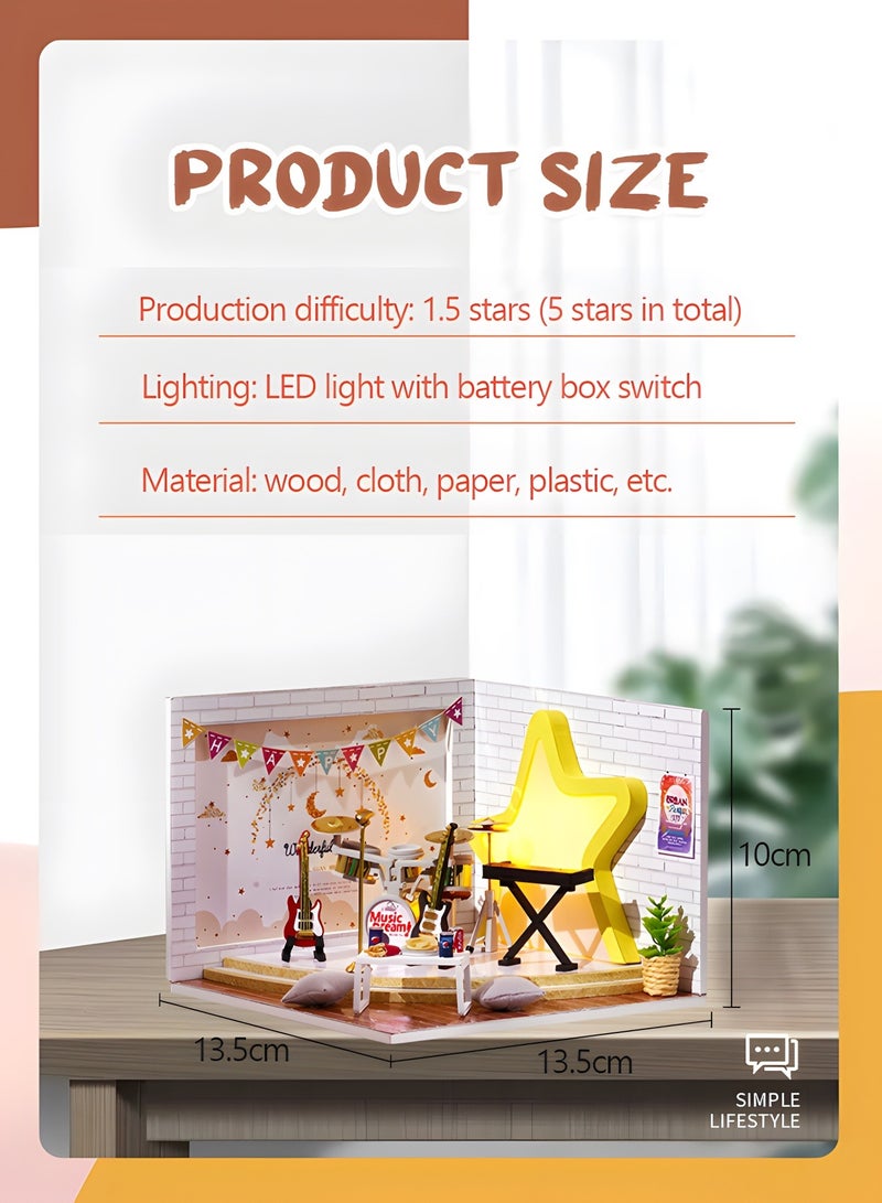 DIY Miniature Dollhouse kit, Wooden Mini Musical Instrument Room Includes Dustcover Buildable Dollhouse for Teens and Adults, DIY Assembled Toys, Home Decoration