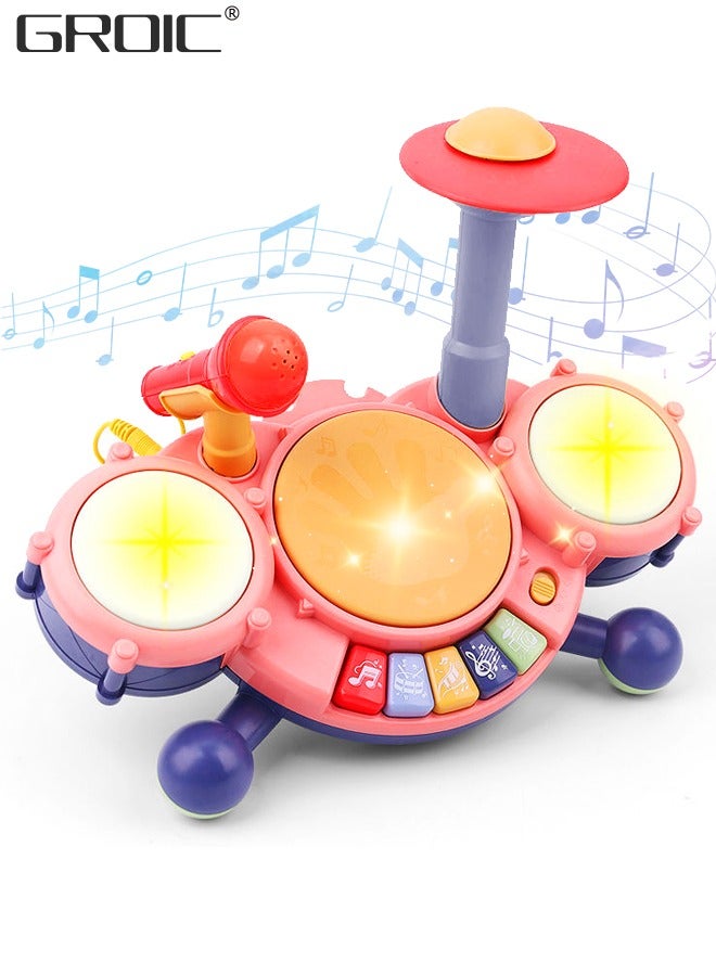 Kids Drum Toy with Music, Beats Flash Light and Adjustable Microphone, Electronic Musical Instruments Toys, Musical Instruments Playset Drum Set