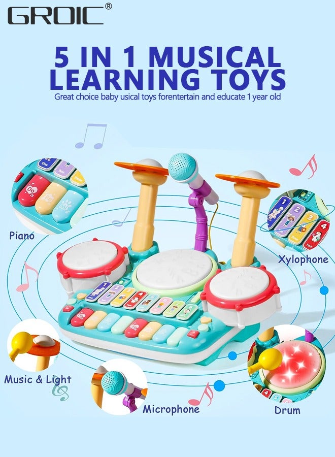 Kids Drum Toy with Music, Piano Keyboard, Beats Flash Light and Adjustable Microphone, Electronic Musical Instruments Toys, Musical Instruments Playset Drum Set