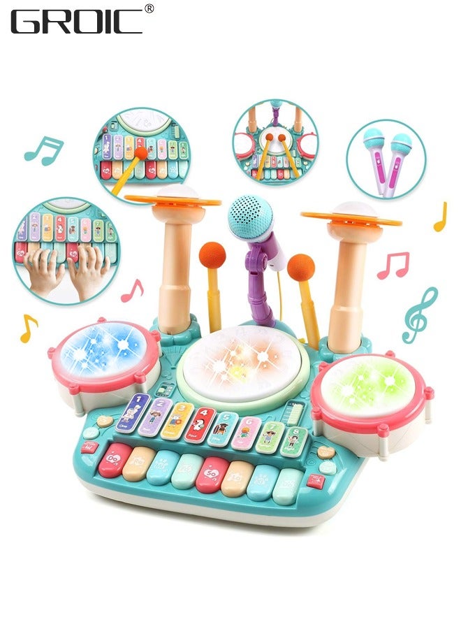 Kids Drum Toy with Music, Piano Keyboard, Beats Flash Light and Adjustable Microphone, Electronic Musical Instruments Toys, Musical Instruments Playset Drum Set