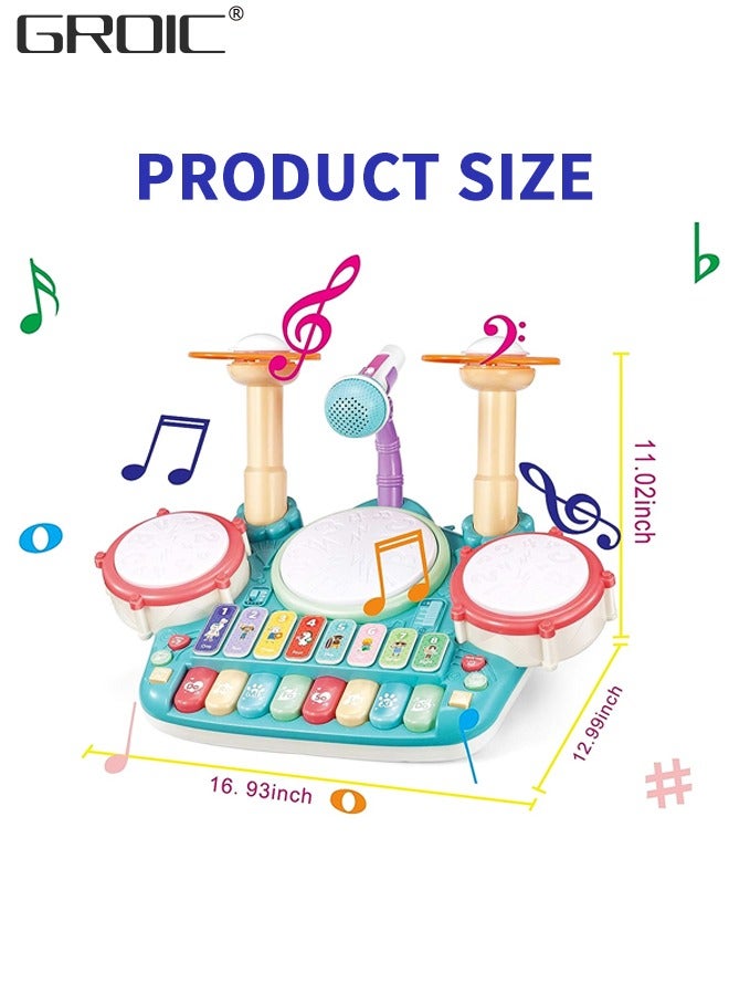 Kids Drum Toy with Music, Piano Keyboard, Beats Flash Light and Adjustable Microphone, Electronic Musical Instruments Toys, Musical Instruments Playset Drum Set