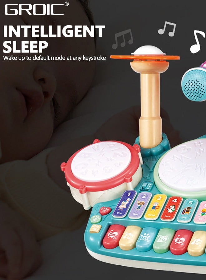 Kids Drum Toy with Music, Piano Keyboard, Beats Flash Light and Adjustable Microphone, Electronic Musical Instruments Toys, Musical Instruments Playset Drum Set