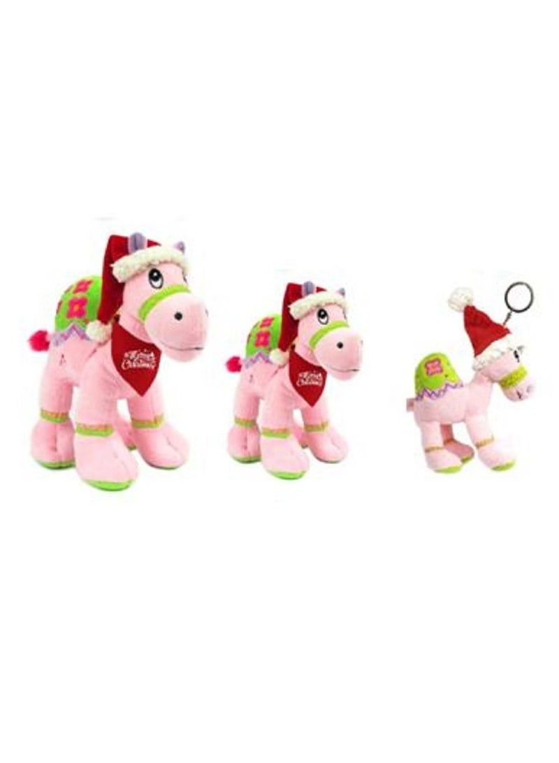 Bundle item - Pink camel with Santa hat with red bandana, size 25cm, size 18cm, size 12cm with keyring attachment
