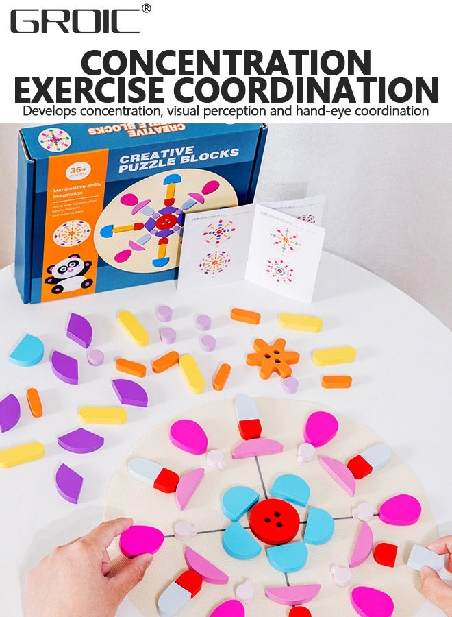 62 Pcs Wooden Pattern Blocks Set Geometric Shape Puzzle Kindergarten Classic Educational Montessori Tangram Toys for Kids Ages 4-8 with Design Cards