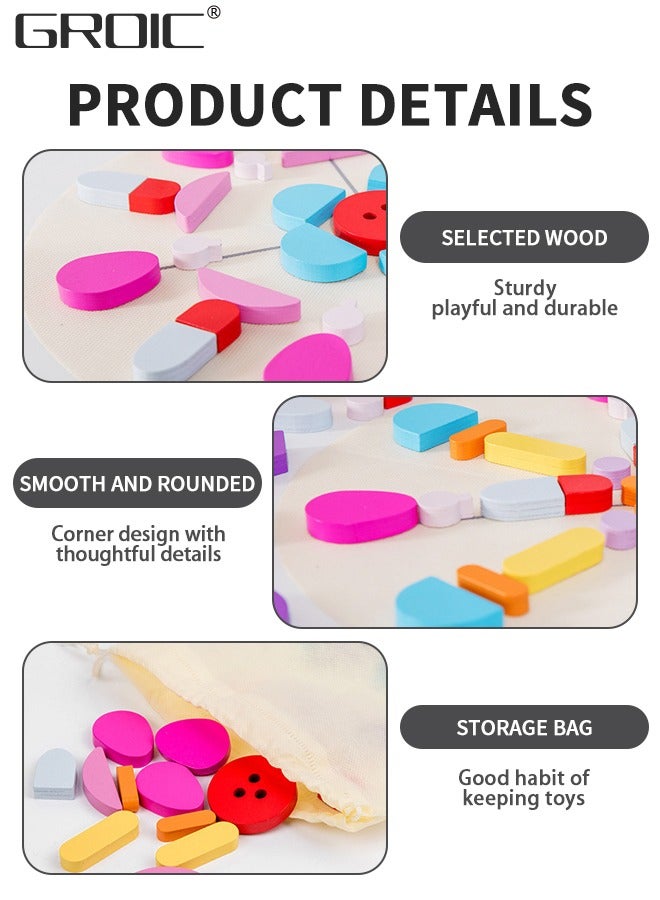 62 Pcs Wooden Pattern Blocks Set Geometric Shape Puzzle Kindergarten Classic Educational Montessori Tangram Toys for Kids Ages 4-8 with Design Cards