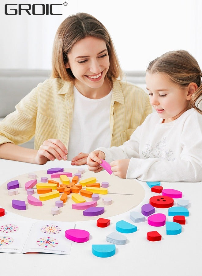 62 Pcs Wooden Pattern Blocks Set Geometric Shape Puzzle Kindergarten Classic Educational Montessori Tangram Toys for Kids Ages 4-8 with Design Cards