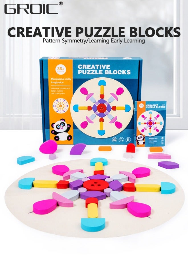 62 Pcs Wooden Pattern Blocks Set Geometric Shape Puzzle Kindergarten Classic Educational Montessori Tangram Toys for Kids Ages 4-8 with Design Cards