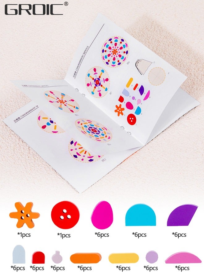 62 Pcs Wooden Pattern Blocks Set Geometric Shape Puzzle Kindergarten Classic Educational Montessori Tangram Toys for Kids Ages 4-8 with Design Cards