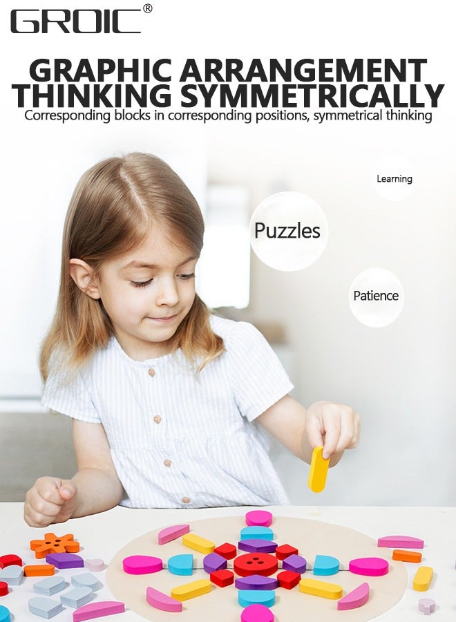 62 Pcs Wooden Pattern Blocks Set Geometric Shape Puzzle Kindergarten Classic Educational Montessori Tangram Toys for Kids Ages 4-8 with Design Cards