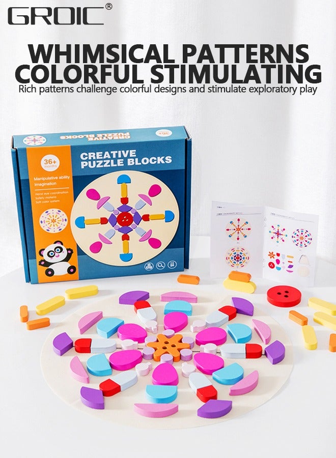 62 Pcs Wooden Pattern Blocks Set Geometric Shape Puzzle Kindergarten Classic Educational Montessori Tangram Toys for Kids Ages 4-8 with Design Cards