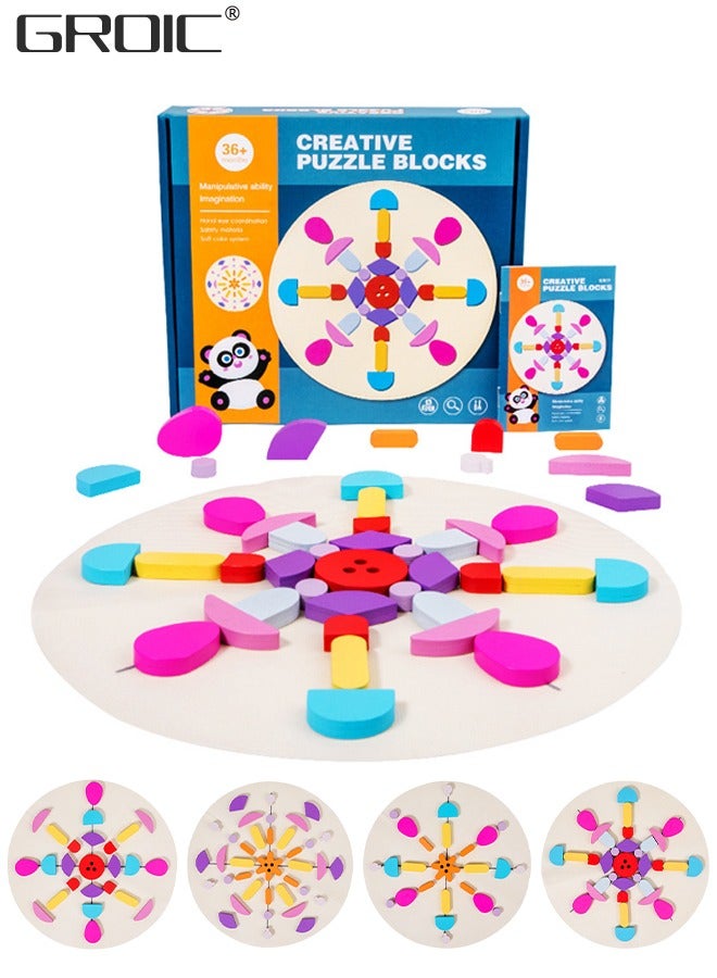 62 Pcs Wooden Pattern Blocks Set Geometric Shape Puzzle Kindergarten Classic Educational Montessori Tangram Toys for Kids Ages 4-8 with Design Cards