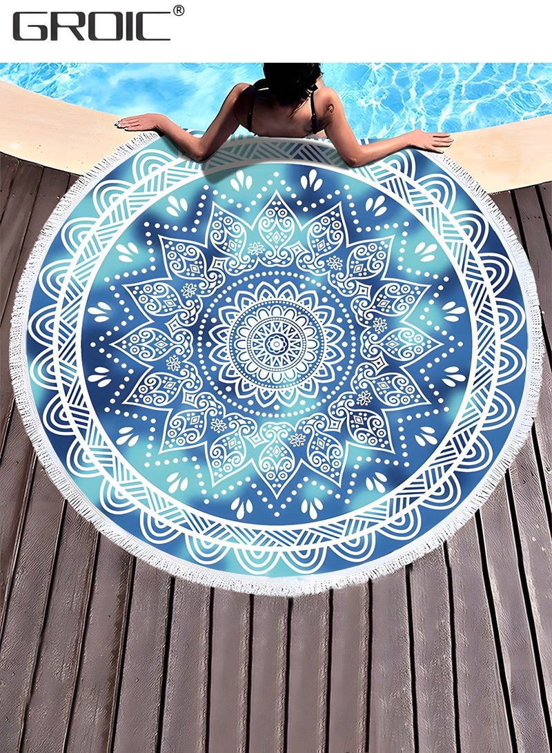 Microfiber Mandala Round Blue Beach Towel Blanket, Oversized Quick Dry Super Absorbent Thick Towel for Pool Swimming Picnic Yoga Mat Wall Decor Tapestry Circle Table Cloth, 59” Bohemian Towel