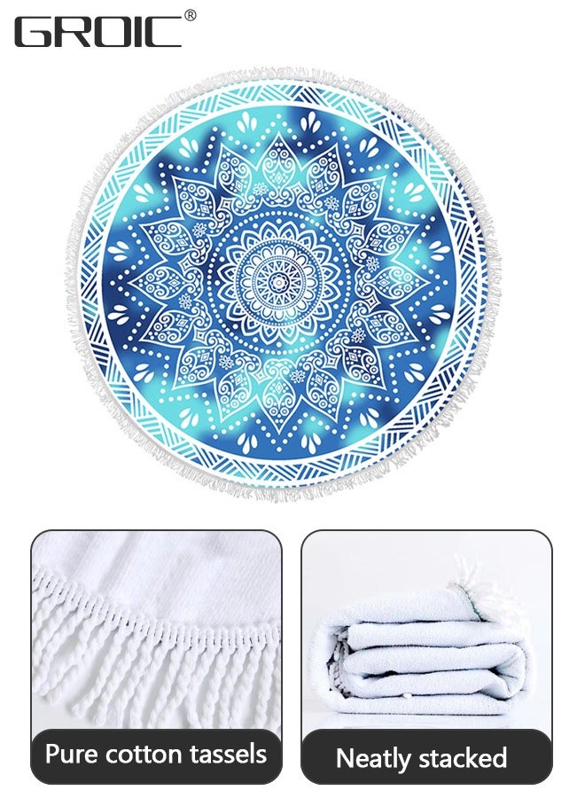 Microfiber Mandala Round Blue Beach Towel Blanket, Oversized Quick Dry Super Absorbent Thick Towel for Pool Swimming Picnic Yoga Mat Wall Decor Tapestry Circle Table Cloth, 59” Bohemian Towel