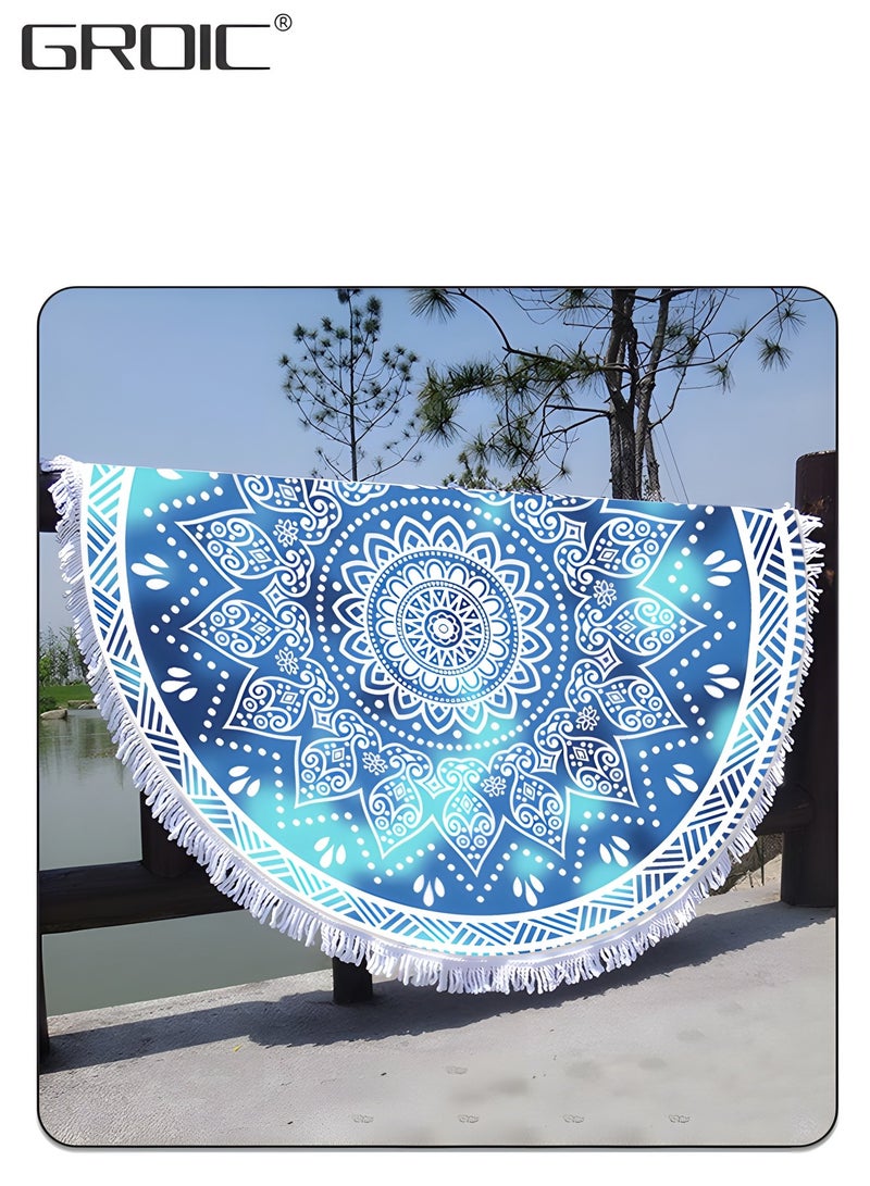 Microfiber Mandala Round Blue Beach Towel Blanket, Oversized Quick Dry Super Absorbent Thick Towel for Pool Swimming Picnic Yoga Mat Wall Decor Tapestry Circle Table Cloth, 59” Bohemian Towel