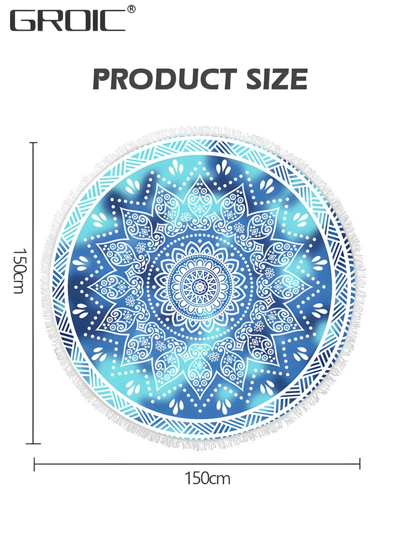 Microfiber Mandala Round Blue Beach Towel Blanket, Oversized Quick Dry Super Absorbent Thick Towel for Pool Swimming Picnic Yoga Mat Wall Decor Tapestry Circle Table Cloth, 59” Bohemian Towel