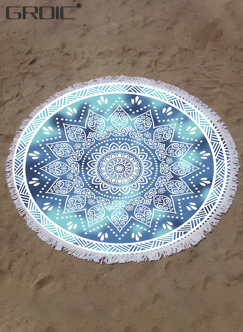 Microfiber Mandala Round Blue Beach Towel Blanket, Oversized Quick Dry Super Absorbent Thick Towel for Pool Swimming Picnic Yoga Mat Wall Decor Tapestry Circle Table Cloth, 59” Bohemian Towel