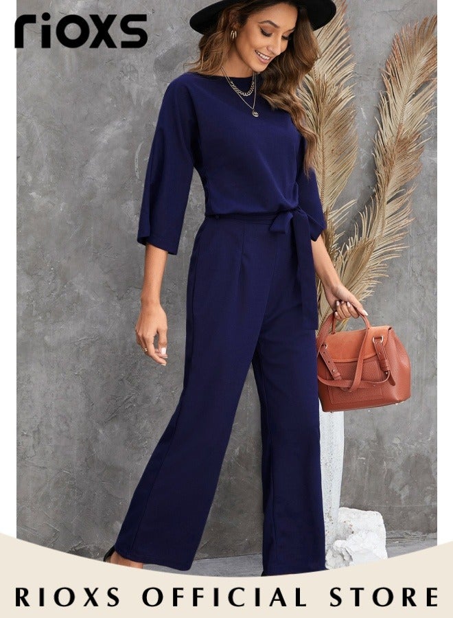 Womens Casual Jumpsuit Outfit 3/4 Long Sleeve Top And Loose Straight Leg Long Pants Romper Set With Waist Belt For Party And Daily