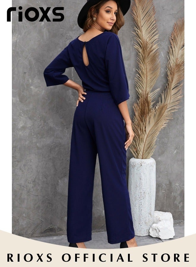 Womens Casual Jumpsuit Outfit 3/4 Long Sleeve Top And Loose Straight Leg Long Pants Romper Set With Waist Belt For Party And Daily