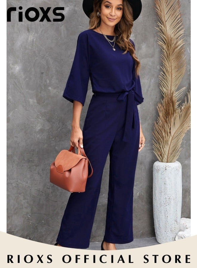 Womens Casual Jumpsuit Outfit 3/4 Long Sleeve Top And Loose Straight Leg Long Pants Romper Set With Waist Belt For Party And Daily