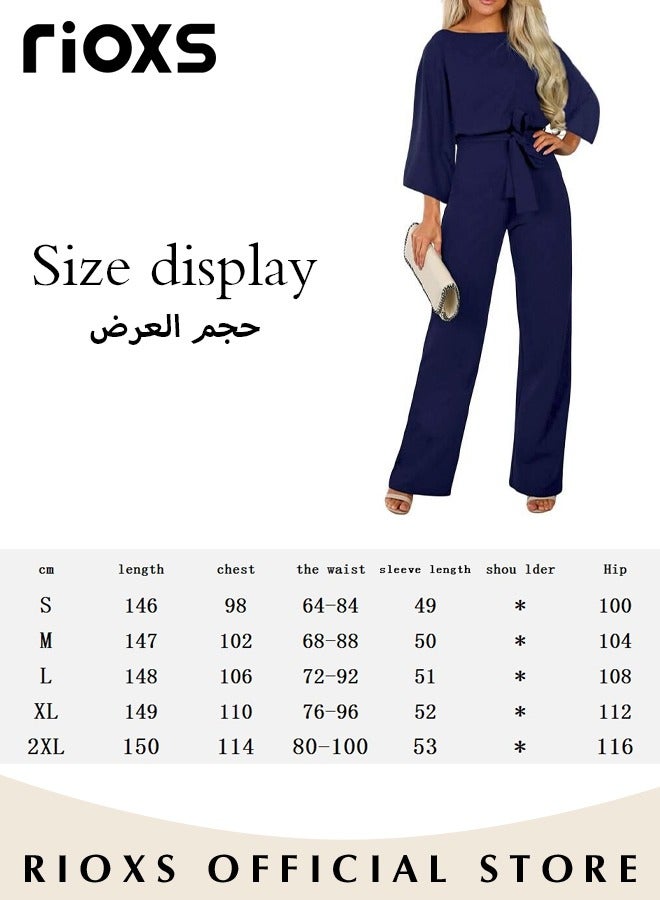 Womens Casual Jumpsuit Outfit 3/4 Long Sleeve Top And Loose Straight Leg Long Pants Romper Set With Waist Belt For Party And Daily