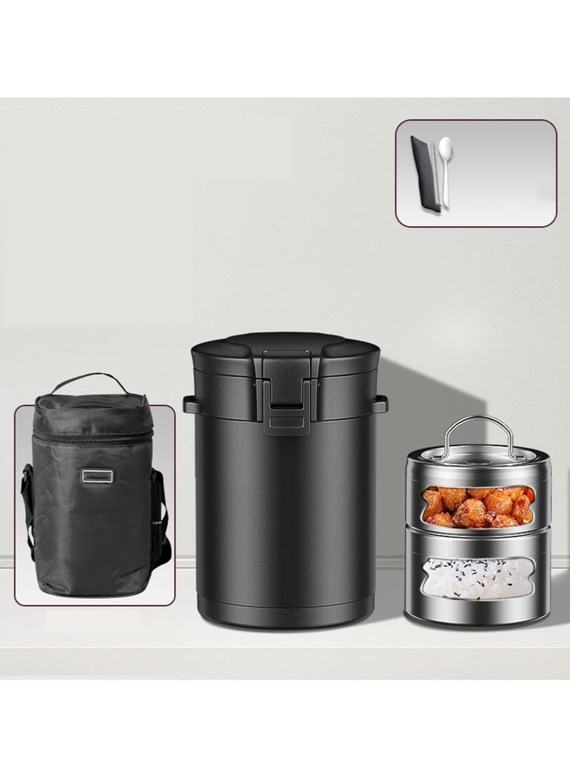 Bento Box Lunch Box Stainless Steel Vacuum Insulated Lunch Box, 1.8L 2.5L 3.0L for Students Office Workers, Free Insulated Bag and Cutlery Set Black 1.8L 2 layer