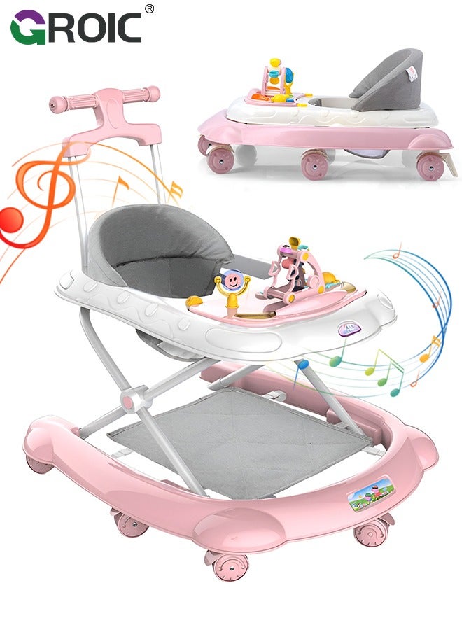 4 in 1 Baby Walker, Foldable, Discover & Play Musical Walker with Removable Footrest, Feeding Tray, 2 Mode Walk-Behind, Adjustable Height, High Back Padded Seat, Activity Walker with Toys