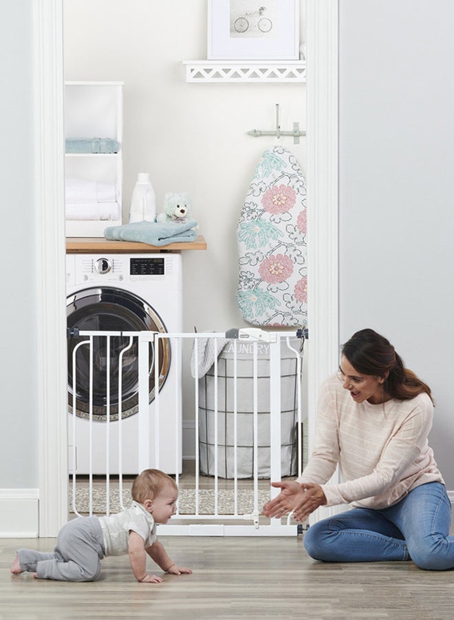 Extra-Wide Baby Safety Gate | Walk-Through Door | Adjustable & Durable Steel | Easy Pressure Mount | Fits 29-34 & 35-38.5 Inches | Pet-Friendly | JPMA Certified | White