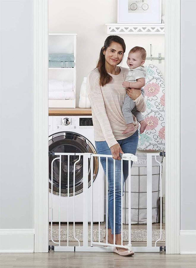 Extra-Wide Baby Safety Gate | Walk-Through Door | Adjustable & Durable Steel | Easy Pressure Mount | Fits 29-34 & 35-38.5 Inches | Pet-Friendly | JPMA Certified | White