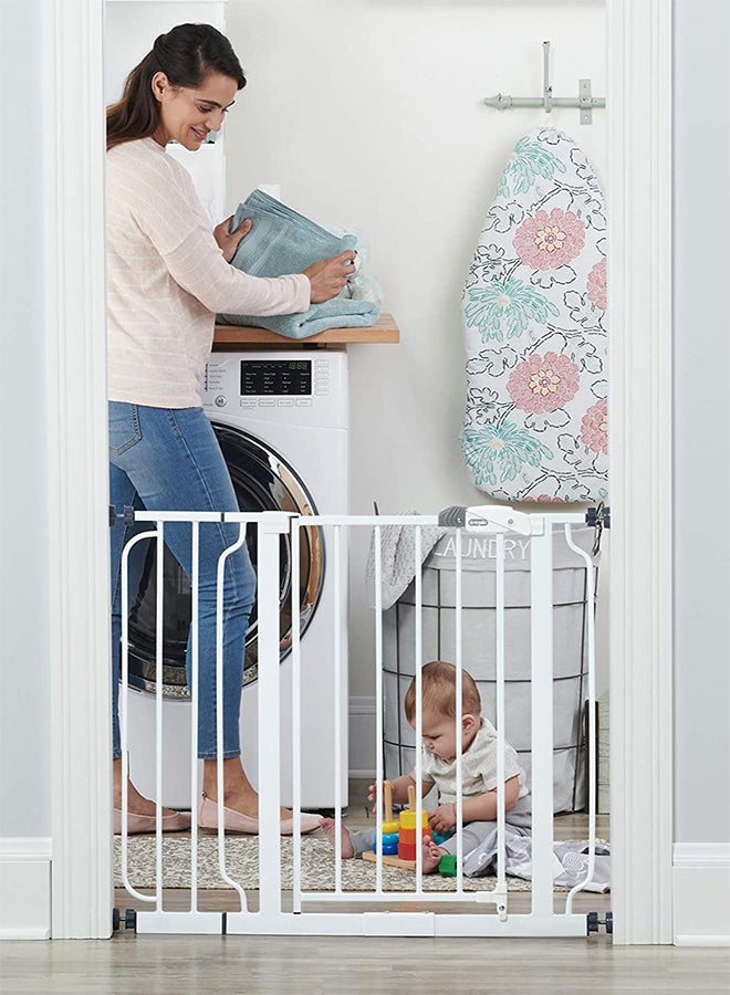 Extra-Wide Baby Safety Gate | Walk-Through Door | Adjustable & Durable Steel | Easy Pressure Mount | Fits 29-34 & 35-38.5 Inches | Pet-Friendly | JPMA Certified | White