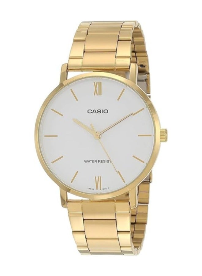 Casio MTP-VT01G-7B Men's Gold Tone Stainless Steel Minimalistic White Dial 3-Hand Analog Watch, gold