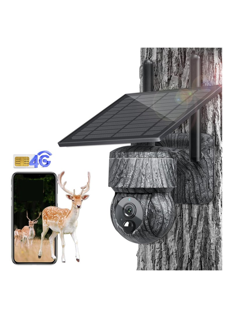 Cellular Trail Camera 4G, LTE Wireless Hunting Game Solar Security Camera, 2K 4MP 360° PTZ Live View, PIR Motion Detection IR Night Vision, Fast Trigger Time, IP66 Waterproof, Free 300M SIM Card