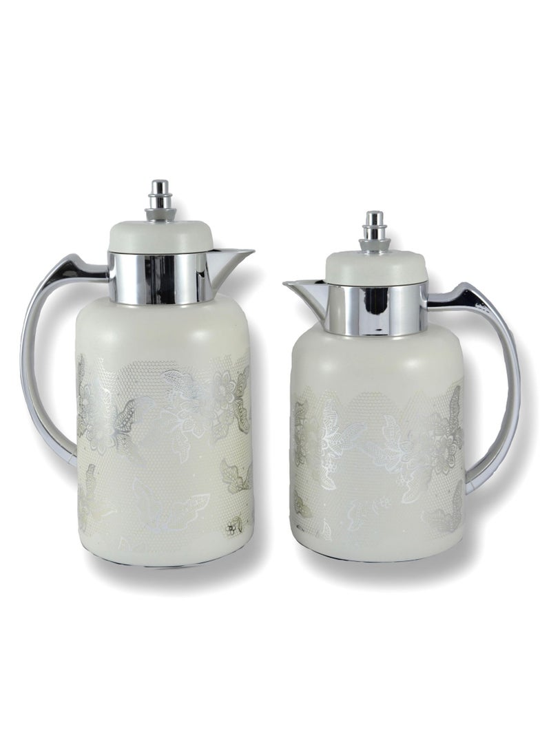 2-Piece Tea & Coffee Flask - 0.7 Liter & 1 Liter Capacity - Glass Inner - ABS Body - White & Silver