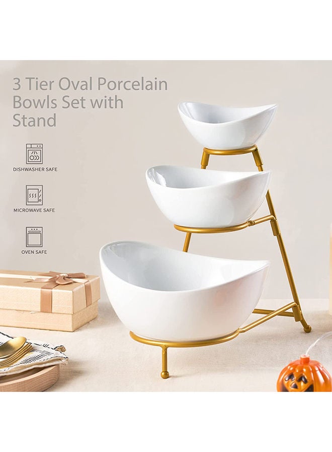 Lyeoboh 3 Tier Serving Bowls Set Tiered Serving Stand Porcelain Oval Bowls With Collapsible Metal Stand For Entertaining Party Dessert Display Candy Chip And Dip (Gold)