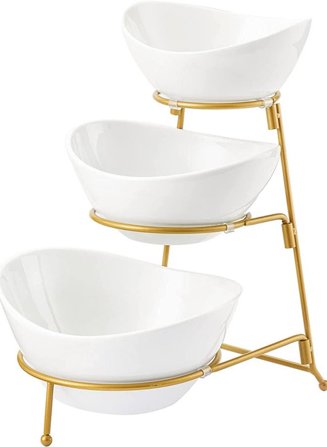 3 Tier Oval Bowl Set With Metal RackHabilife Three Ceramic Fruit Bowl Serving - Tiered Serving Stand - Dessert Appetizer Cake Candy Chip Dip (Gold)